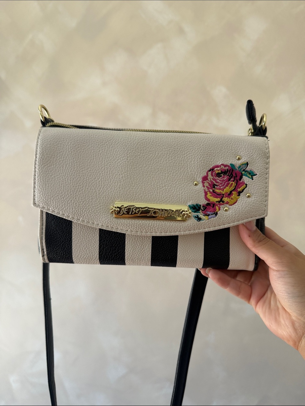 Betsey Johnson White Black Striped Crossbody with Pink Rose Embroidery